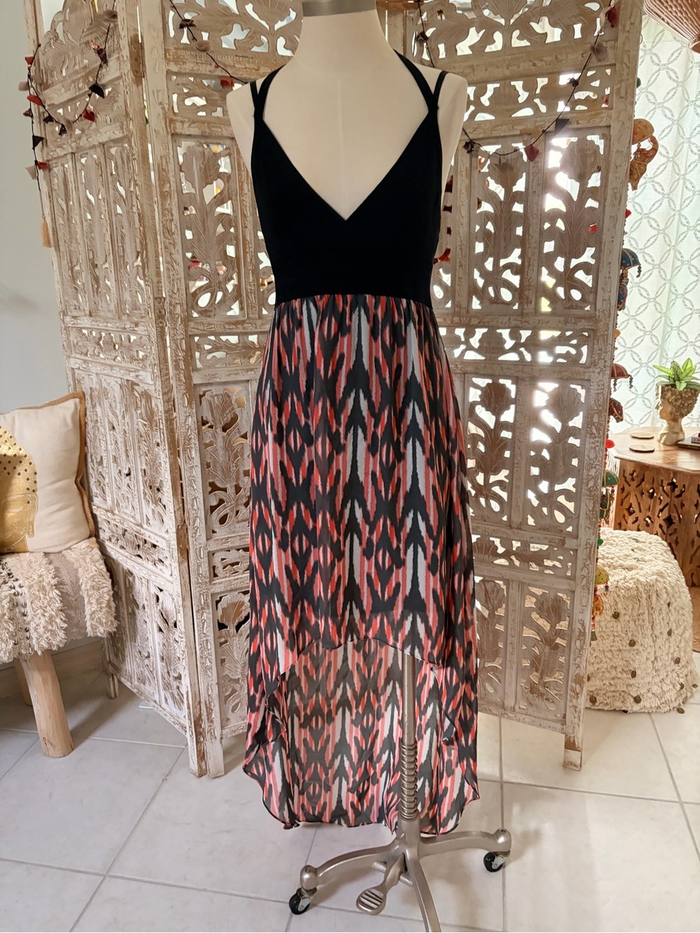 Guess Coral & Black Printed High-Low Maxi Dress